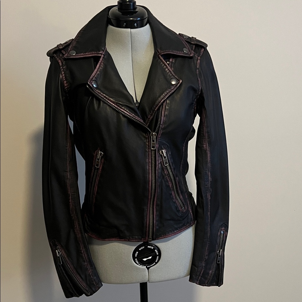 Chelsea & Violet Black and Black Leather Jacket with purple distress accent
